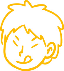 A simple yellow line drawing depicts a young person with closed eyes and tongue sticking out.