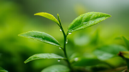 Fresh tea leaves glistening with morning dew, showcasing vibrant green hues in soft natural light.