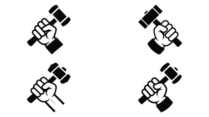 Black silhouette vector icons of fist holding hammer in strong hand
