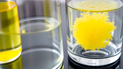 Precipitation reaction where two solutions are mixed din a glass. A potassium iodide solution is added to a lead nitrate solution, a chemical reaction takes place. A  yellow precipitate appears.