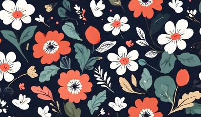 Charming floral pattern with white and orange flowers on dark blue background