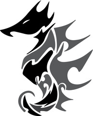 Stylized seahorse illustration in black and gray, featuring a unique design with sharp, abstract shapes on a white background.