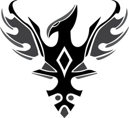 Stylized black and gray phoenix illustration with outstretched wings, featuring a diamond shape on its body and a decorative tail.