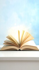 Open book on white surface, glowing pages against a light blue background