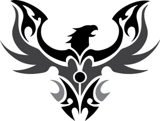 Stylized graphic design of a mythical bird with tribal patterns.