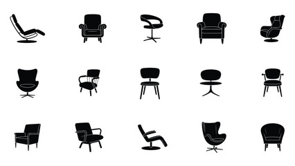 Black silhouette vector icons of modern chairs and furniture collection
