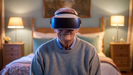 Elderly man experiences virtual reality in cozy bedroom setting, showcasing benefits of vr mindfulness in schools for relaxation and engagement