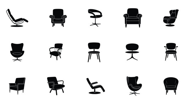 Black silhouette vector icons of modern chairs and furniture collection
