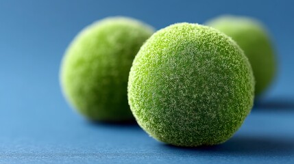 Three fuzzy green walnuts sit on a solid blue background macro detail natural