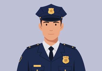 Professional illustration of a dedicated male police officer in a dark blue uniform, representing law enforcement and public safety duties.