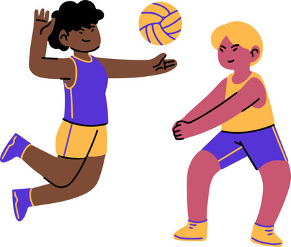 Two children playfully playing volleyball, one spiking, the other receiving.