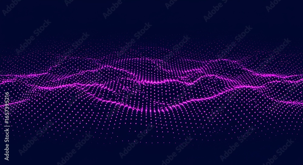Poster futuristic technology background with a digital wave of glowing purple dots. abstract big data visua