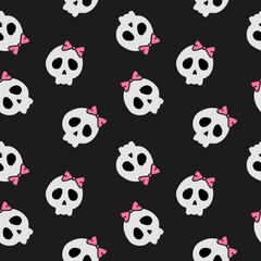 Obraz premium Cute skull pattern featuring white skulls with pink bows on a black background, perfect for spooky yet sweet designs, Halloween, or alternative fashion.