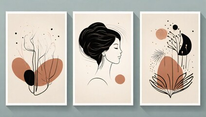 Triptych abstract art with woman portrait and botanical elements