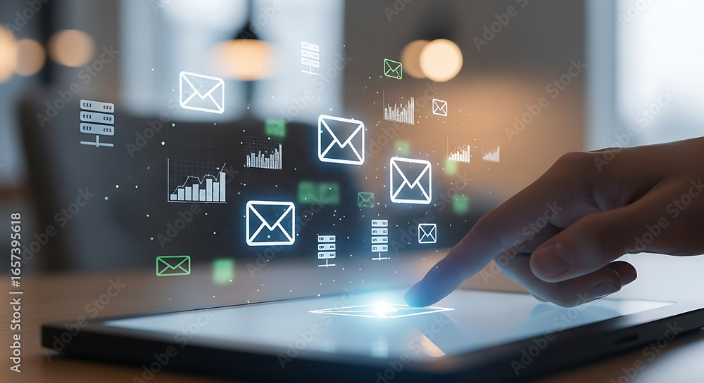 Fototapete finger touching a tablet with email icons and data charts floating above the screen in a bright sett