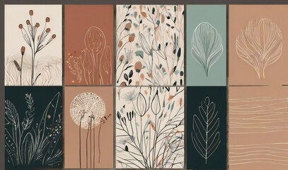 Collection of abstract botanical illustrations in earthy tones