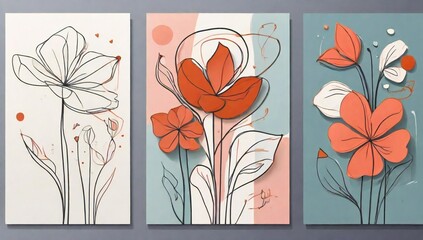 Modern abstract floral triptych wall art with sketchy lines and orange hues