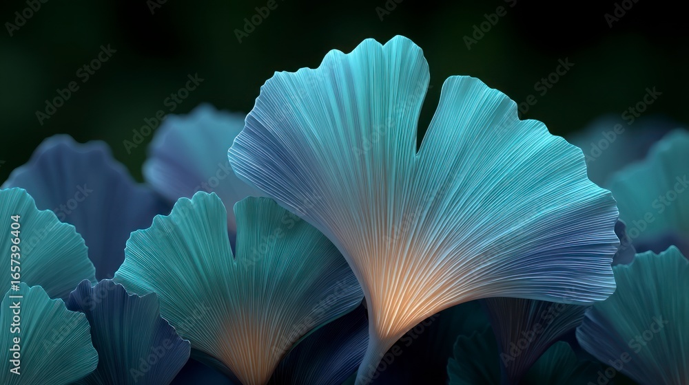 Poster close up of illuminated ginkgo biloba leaves with intricate vein patterns