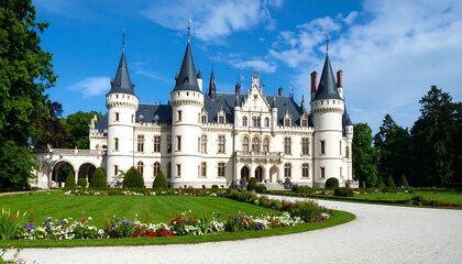 Fototapeta premium Grand European Chateau with Lush Gardens