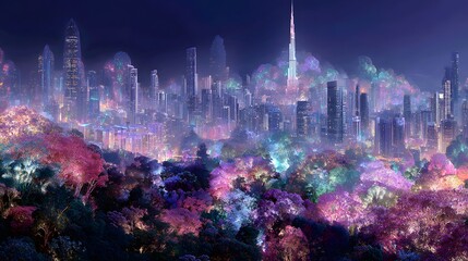 Obraz premium A modern city skyline melting into a forest of blooming crystals and glowing trees 