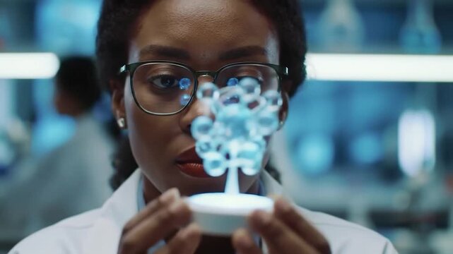 Scientist examining glowing molecular model in modern laboratory - Powered by Adobe