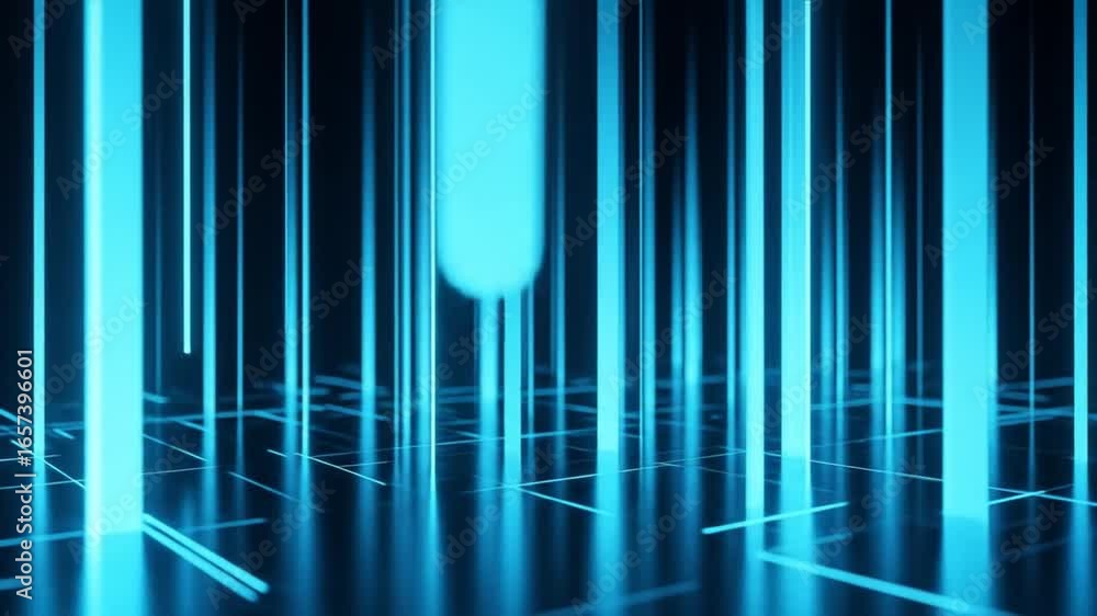 Aufkleber dynamic neon gridscape: a futuristic abstract animation showcasing vertical blue light beams illumin