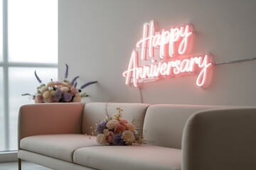 Romantic anniversary celebration with floral arrangements and glowing neon sign in elegant setting, perfect for special moments