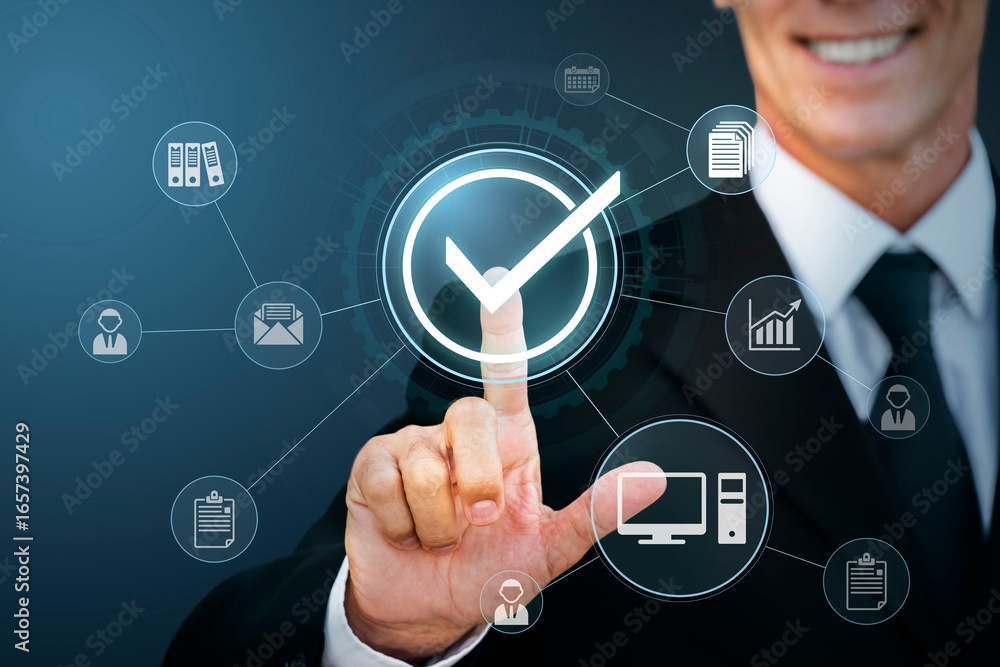 Aufkleber man in suit interacting with a futuristic digital interface showing clock and business icons