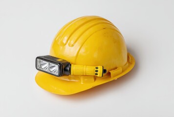 Bright yellow safety helmet with adjustable strap and built-in LED headlamp for construction and industrial work