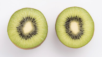 Fresh kiwi slices showcasing vibrant green flesh and tiny black seeds on a clean white surface.
