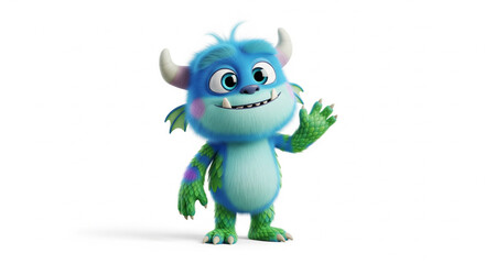 Friendly blue furry monster character waving hello with a happy smile, on an isolated transparent background, cheerful and welcoming.