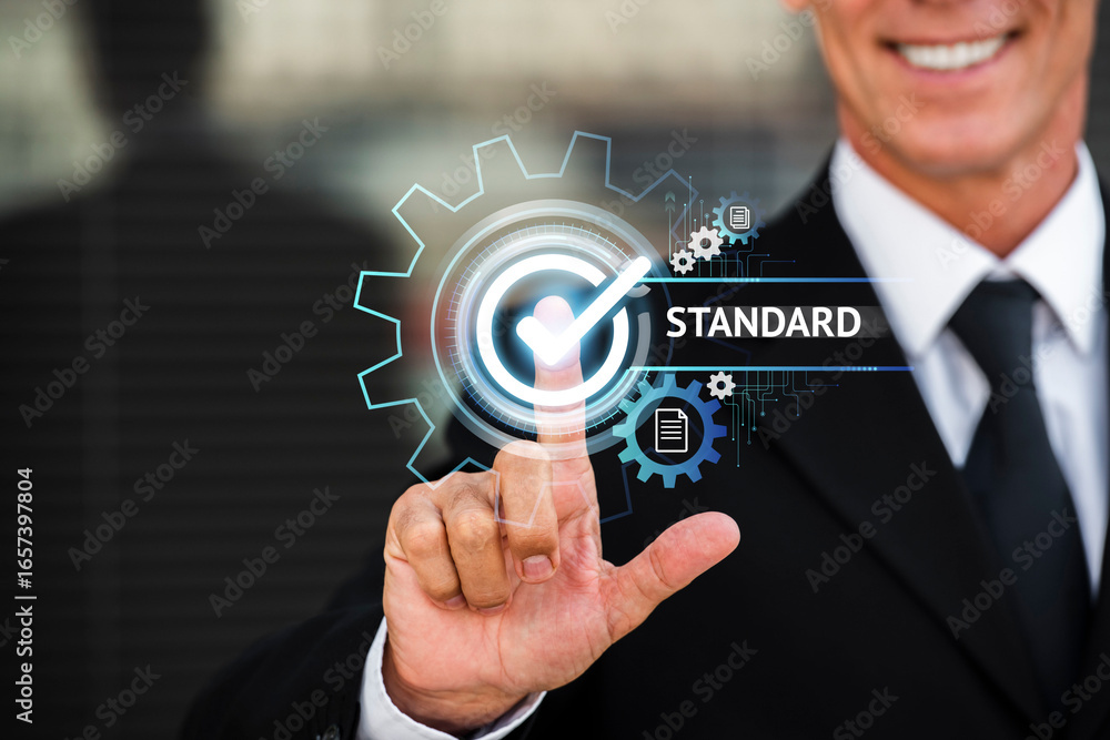 Poster businessman touching a digital interface with a checkmark and the word 'standard'