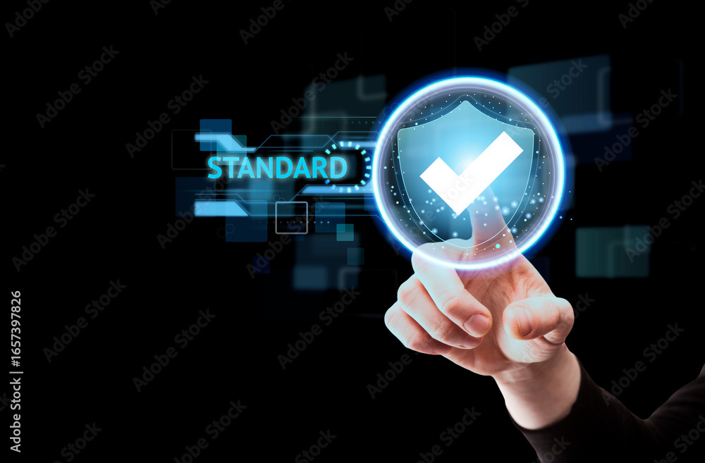 Poster hand touching a glowing digital shield with a checkmark, representing quality assurance and complian