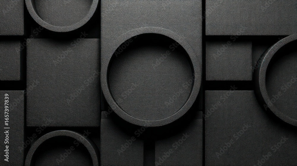 Poster textured dark gray geometric shapes with circular and square elements abstract