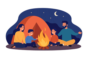 Family Camping Night Vector Illustration Cozy Tent and Campfire Outdoor Adventure Flat Cartoon on White Background