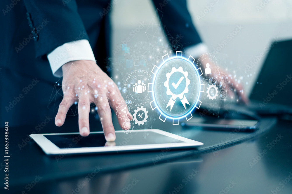 Aufkleber professional hands interact with digital interface displaying quality assurance symbol