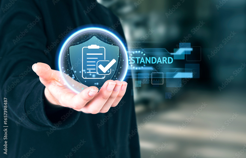 Poster close-up of a hand holding a glowing shield with a checklist and checkmark, symbolizing quality and 