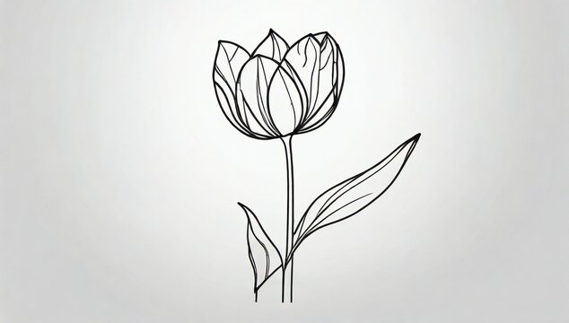 Elegant hand drawn outline of a single tulip flower with stem and leaves