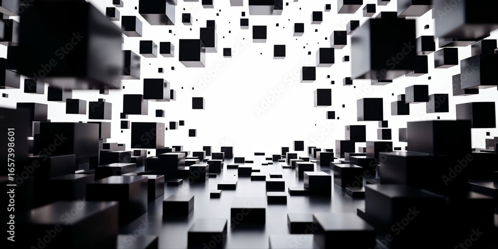 Poster floating black cubes in a minimalist perspective, glossy surface with depth and light, abstract mode