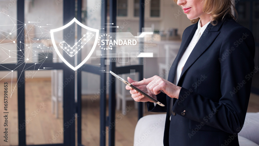 Poster professional woman reviews data on tablet with digital shield and checkmark overlay representing com