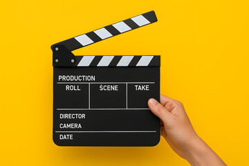 Obraz premium Hand holding film clapperboard on bright yellow background, cinematic movie production slate for video creation, filmmaking industry tool symbolizing director action scene take recording workflow and 