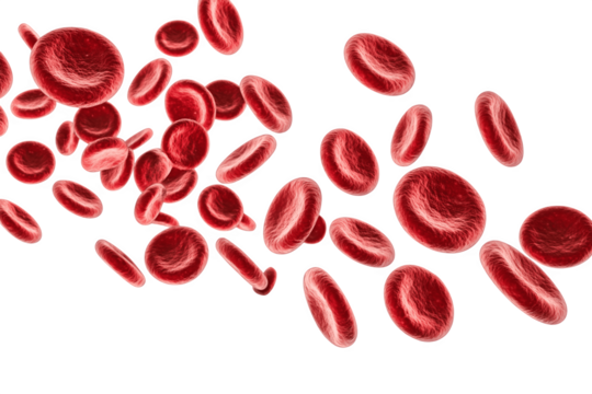 Multiple red blood cells moving through the air