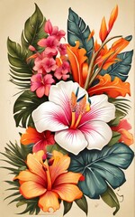 Vibrant tropical flower arrangement with hibiscus and birds of paradise