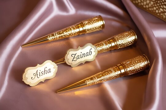 Elegant golden eyeliner applicators with names Aisha and Zainab resting on a silk background create a luxurious beauty mood for makeup artists