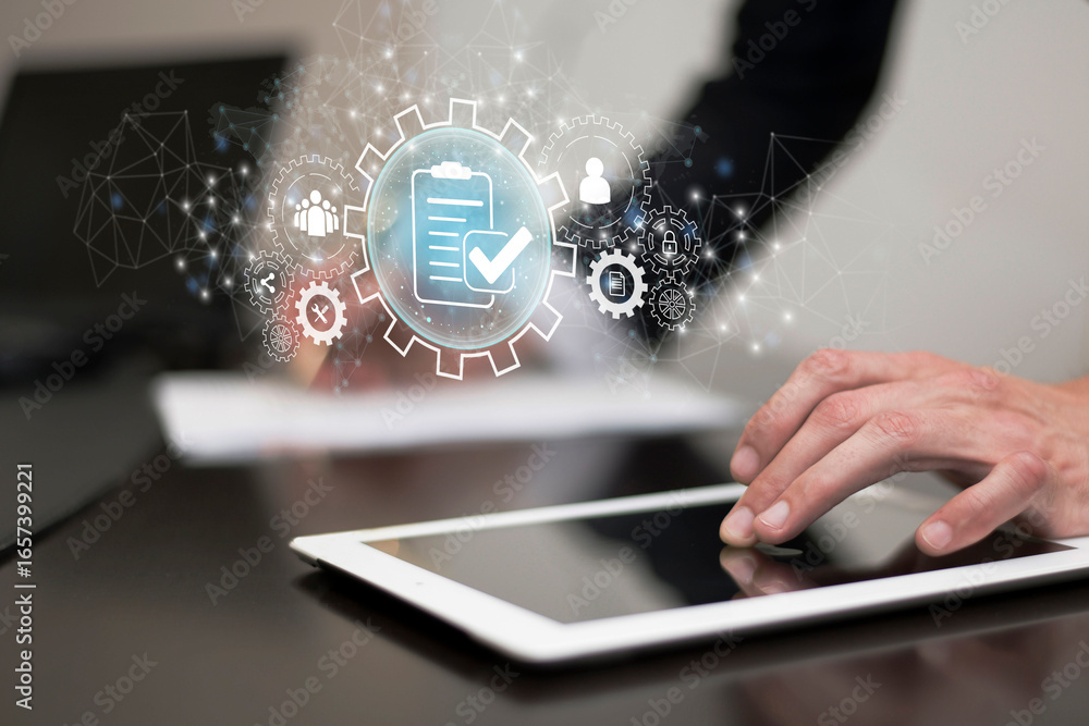 Aufkleber modern professional uses a digital tablet to manage tasks and workflows with an abstract overlay of 