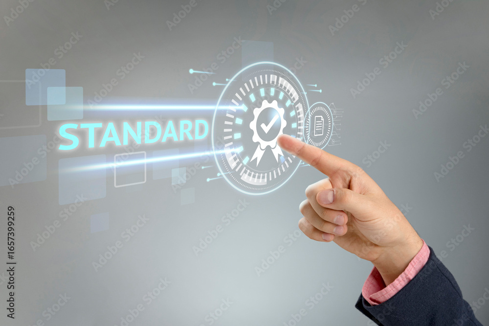 Aufkleber hand touching a digital interface displaying a quality assurance certification icon and the word 'st