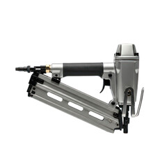 Side view of a silver pneumatic nail gun with a black handle and angled magazine, used for construction and woodworking.