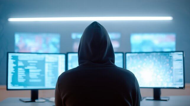 A hooded person sits in front of multiple glowing monitors in a dark room, symbolizing hacking and cybersecurity