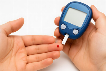 Hand checking blood sugar with glucose meter, diabetes monitoring concept showing drop of blood on fingertip for medical diagnosis health control awareness and chronic disease management illustration 