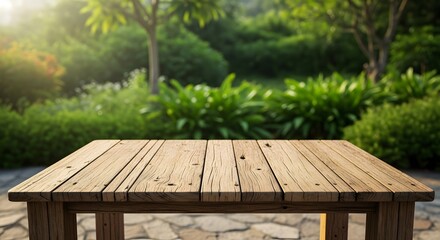 Rustic wooden table in serene garden setting offers perfect product placement backdrop